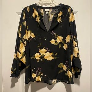 1X black floral v-neck chiffon material blouse